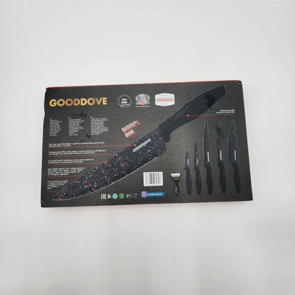 Gooddove SG-9200 Kitchen Knife Set Black 6 Piece Antibacterial‎ Swiss Gold New